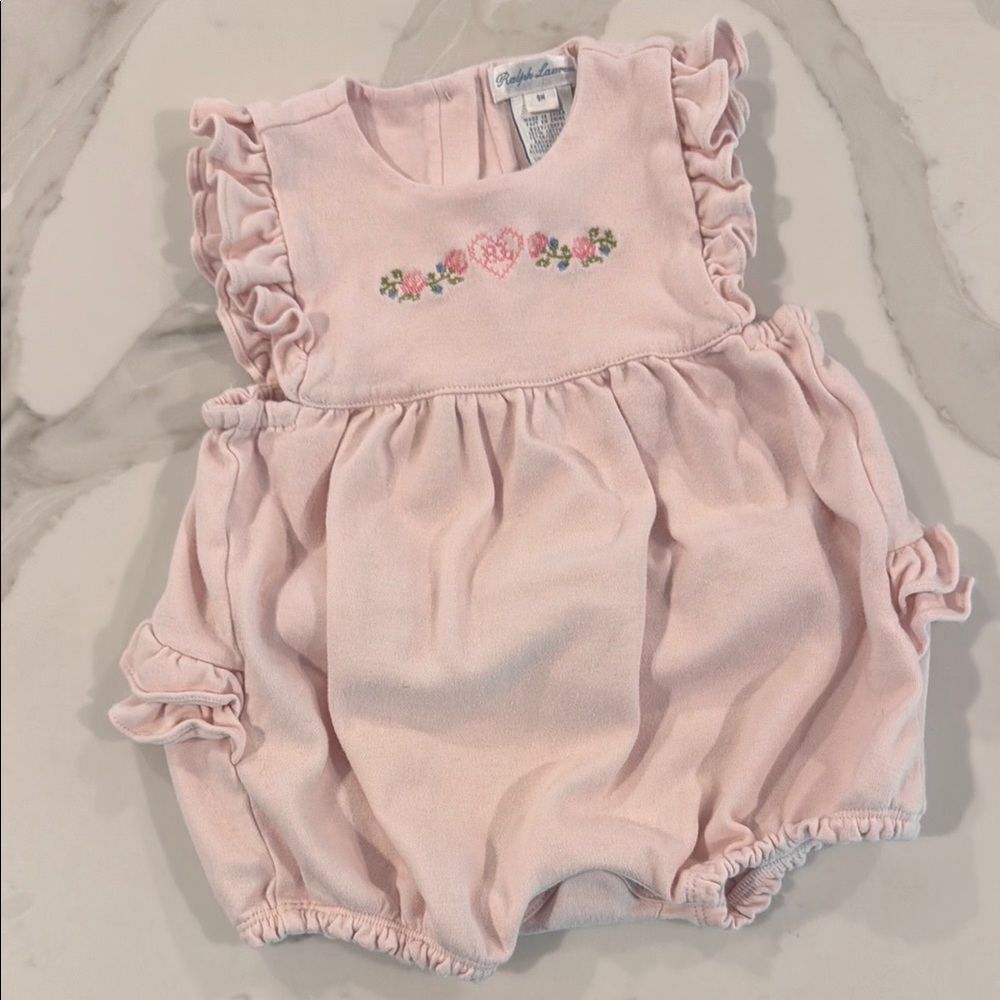 Vintage Ralph Lauren Pink Baby Romper with Floral Heart Design Size 9 Months